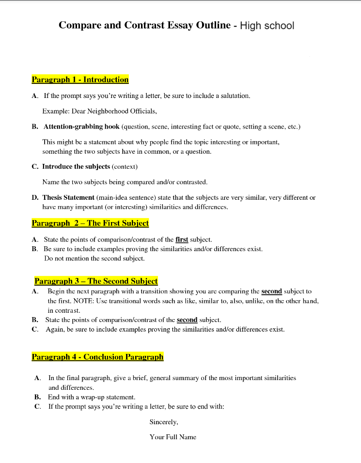 5 paragraph compare and contrast essay outline